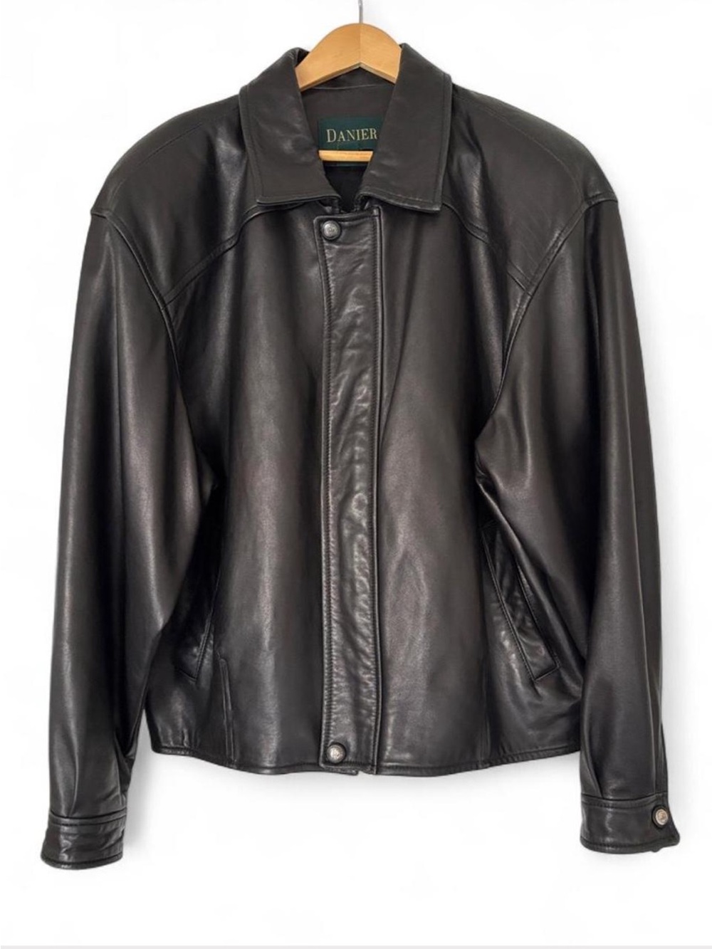 Vintage Unisex Danier Black Leather Boxy Zip Bomber Jacket Size M
